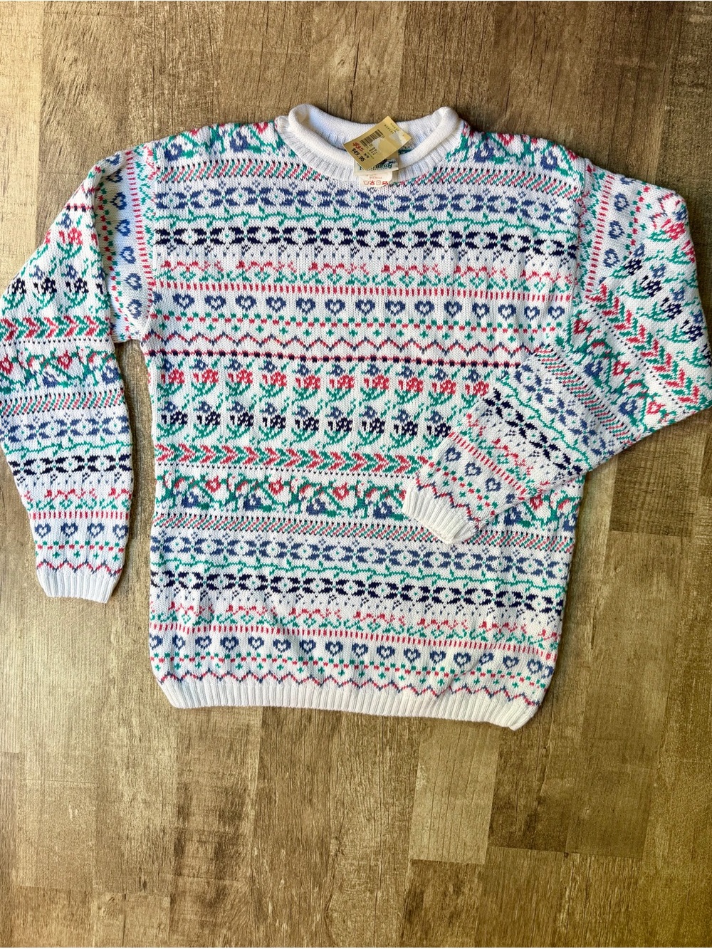 Vintage Pastel Fair Isle Knit Sweater White Hearts Flowers Teal Pink